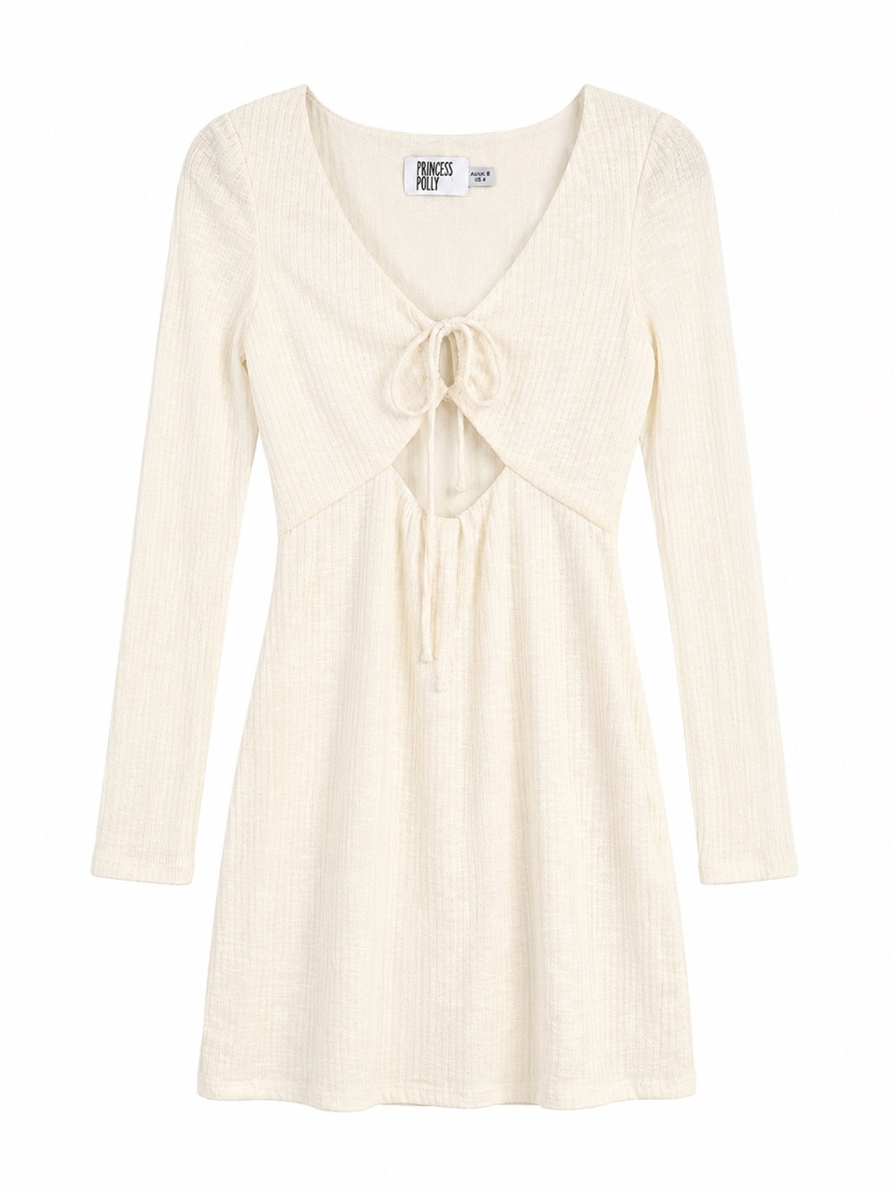 Princess Polly Cream Ribbed Tie-Front Mini Dress Fairy Cottagecore‎